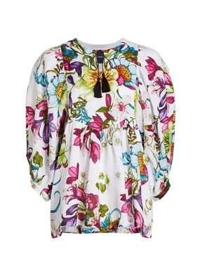 SAMANTHA SUNG White Floral Puff-Sleeve Tunic size 12 linen